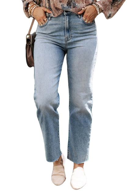 Light blue acid wash straight leg jeans styled for a casual outfit (text overlay: "Everyday Style").