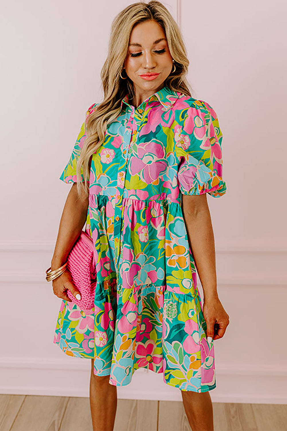 Green floral puff sleeve buttoned babydoll dress styled for a special occasion (text overlay: "Dressy Ready").