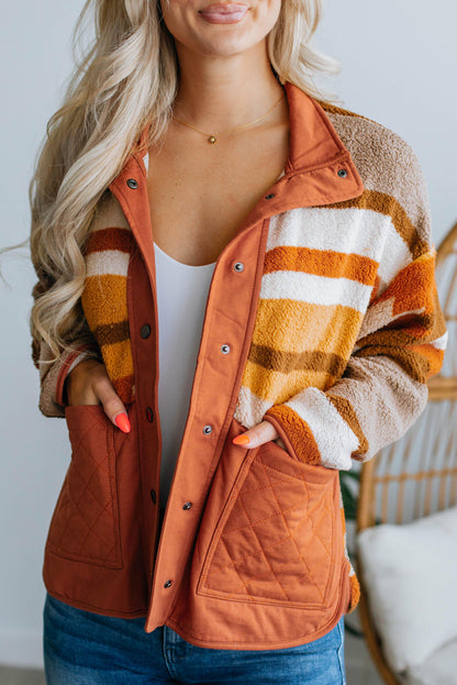 Brown striped and geometric fleece jacket: perfect for layering