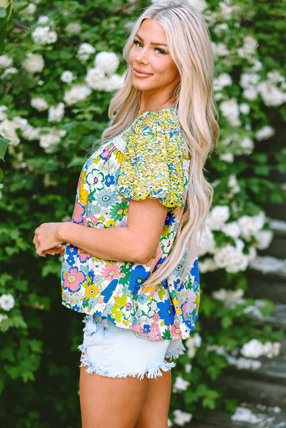 Green bubble sleeve lace trim mixed floral blouse: available in a range of sizes (size chart available).