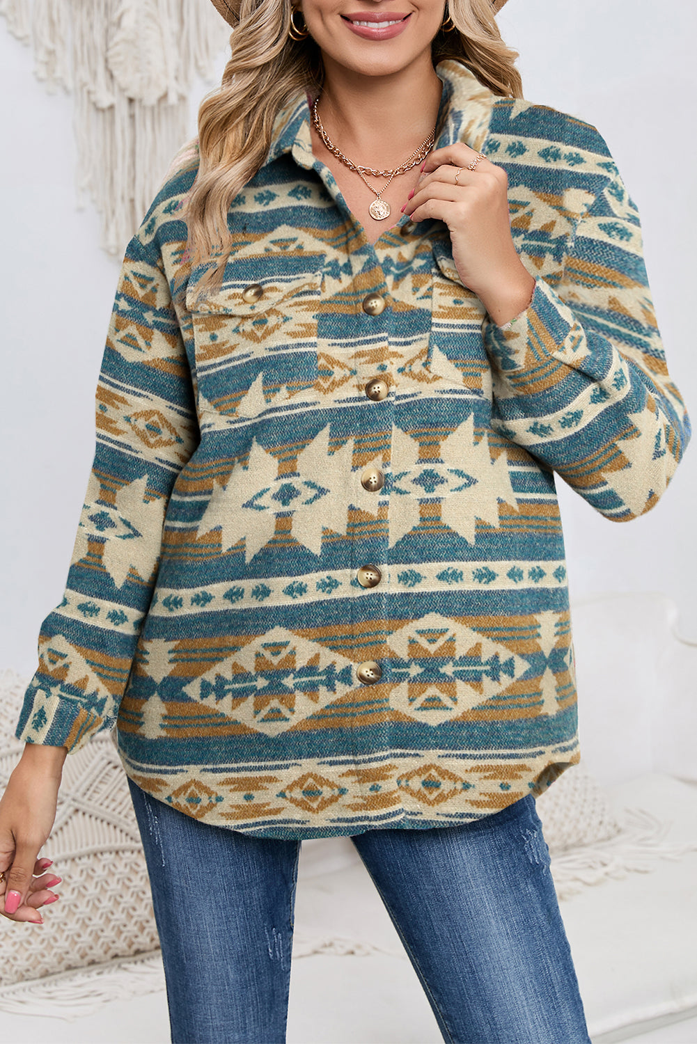 Close-up of a model wearing the multicolored geometric jacket with a statement necklace (text overlay: "Accessorize Your Way").