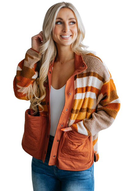 The brown striped and geometric fleece jacket with quilted patch pockets is a must-have for any wardrobe.